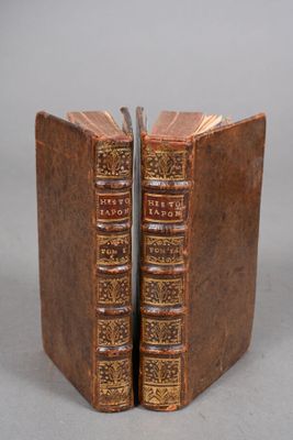 two old books are sitting side by side on a gray surface