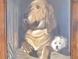 tableau représentant un chien et un chien blanc, dans un cadre en bois