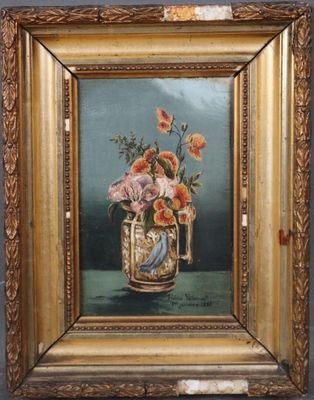 painting of a vase of flowers in a gold frame on a table