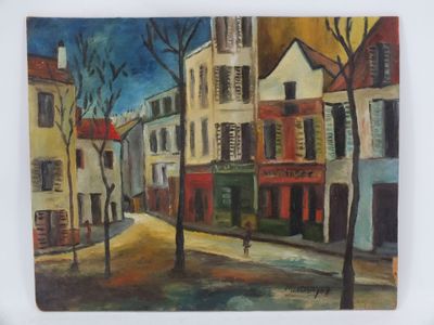 peinture d'une scène de rue avec des bâtiments et une personne marchant dans la rue