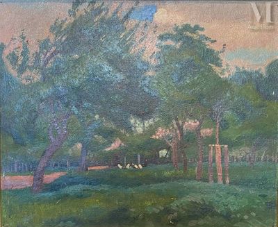 une peinture à l'huile représentant une scène de vie à la ferme avec des vaches paissant dans les pâturages