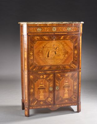 an antique wooden cabinet with a marble top and drawers