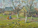 an oil painting of a woman sitting in a field surrounded by trees