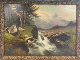 un tableau représentant un paysage de montagne avec un ruisseau au premier plan