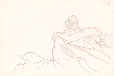 drawing of a woman sitting on a rock in a white dress