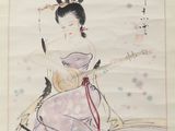 an oriental painting of a woman in a pink dress holding a fan