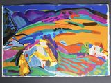 tableau représentant un paysage coloré avec une montagne en arrière-plan