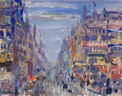 an oil painting of a city street filled with lots of people