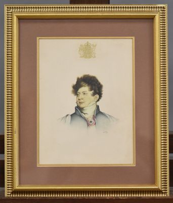un tableau représentant un homme en costume, coiffé d'une couronne