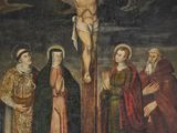 une image d'une peinture de jésus sur la croix avec d'autres personnes