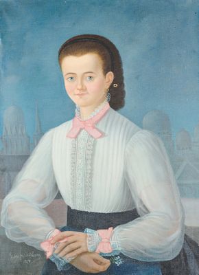 portrait d'une jeune fille vêtue d'un chemisier blanc et d'une jupe bleue