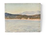 une image représentant une peinture d'une plage avec des montagnes en arrière-plan