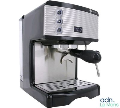 an image of a black and silver coffee machine on a white background