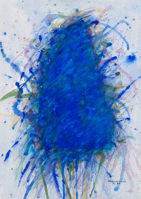 a painting of a blue tree with splats of paint on it
