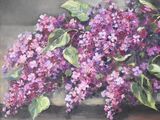 painting of a bunch of purple flowers in a vase on a table