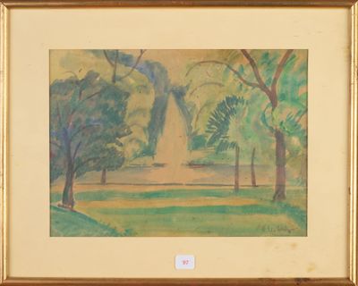 une image représentant un tableau d'un parc avec des arbres en arrière-plan