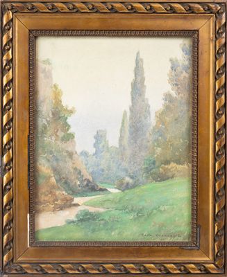 a painting of a landscape with trees and a river