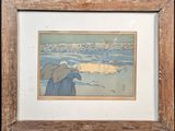 painting of a man and a woman on the beach by the ocean