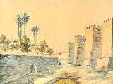 an image of a watercolor painting of a castle on a beach