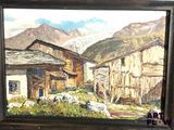 a painting of a mountain village with a mountain in the background