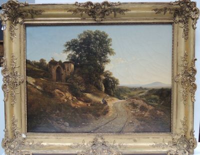 Ecole XIXe. "Chemin animé - Paysage aux ruines". Huile sur t… - Photo 1