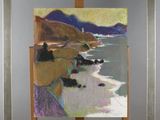 an image of a painting of a beach scene with mountains in the background
