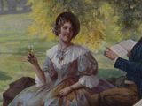 un tableau représentant un homme et une femme assis dans un parc
