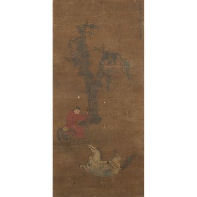 a painting of a man sitting under a tree next to a bird