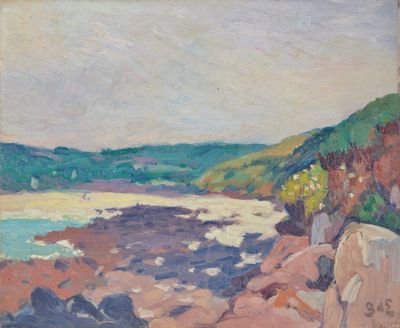 une image représentant un tableau où l'on voit des rochers et de l'eau près d'une plage
