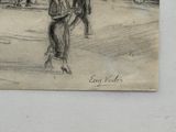 un dessin représentant un homme marchant dans la rue avec un cheval