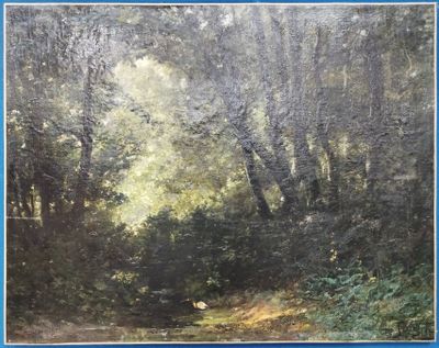 une peinture à l'huile représentant une scène de forêt traversée par un sentier