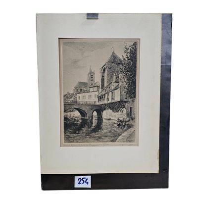 an old drawing of a bridge over a river with a building in the background