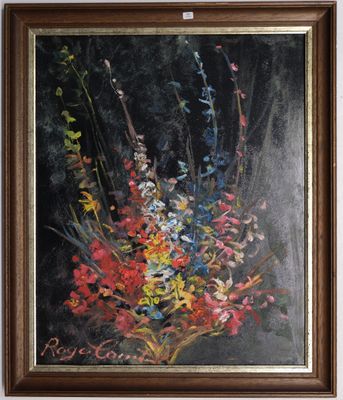 une peinture à l'huile représentant des fleurs dans un vase sur une table