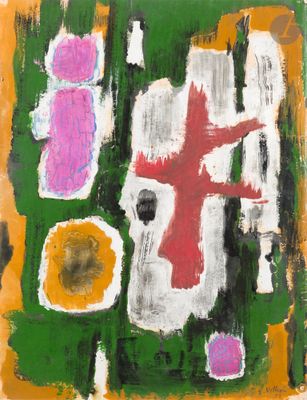 une image représentant une peinture d'une croix et de fleurs sur fond vert