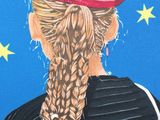 a painting of a girl with a red hat and braids