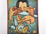 a picture of a painting of a man with a saw