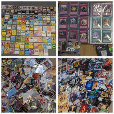 several pictures of a collection of pokemon trading cards on a table