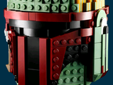 a lego star wars boba fett helmet on a stand