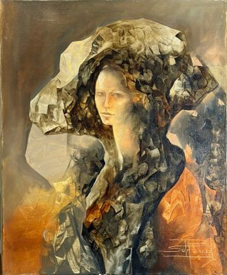 an oil painting of a woman with a hat on her head