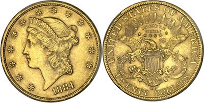 a gold coin with a woman ' s head and eagle on it