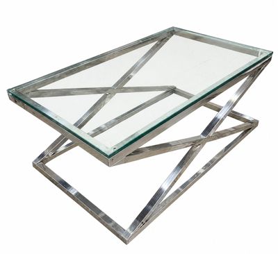 une table basse en verre et chrome avec un plateau en verre