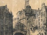drawing of a city street with a bridge and a clock tower in the background
