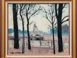 an image of a painting of trees and a building in a park