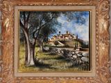 une peinture à l'huile représentant un petit village au milieu d'un champ
