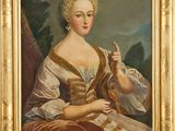 une peinture à l'huile représentant une femme en robe blanche tenant un bâton