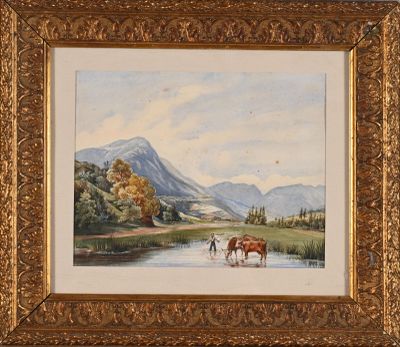 painting of a couple of horses standing in a river with mountains in the background