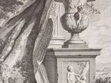 a drawing of a vase on a pedestal with a curtain draped over it