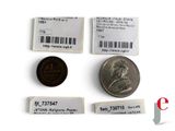 three coins and a barcode on a white surface with a price tag