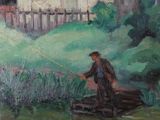 a painting of a man on a boat in the water