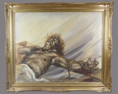 an oil painting of a man laying on a bed with a dog